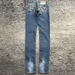 Miss Me Skinny Jeans Womens 25 Blue Embellished Rhinestone Low Rise Distressed